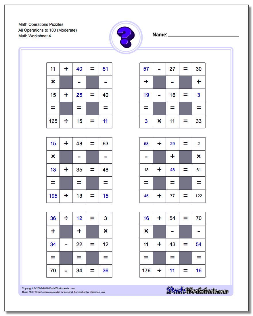 Math Operations Puzzle All Operations to 100 (Moderate)