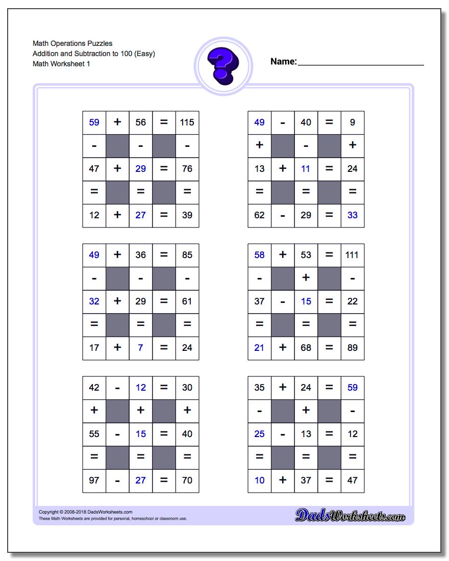 Addition and Subtraction with Missing Values to 100 Number Grid Puzzle