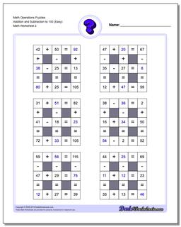 Math Operations Puzzle Addition and Subtraction to 100 (Easy) /worksheets/number-grid-puzzles.html
