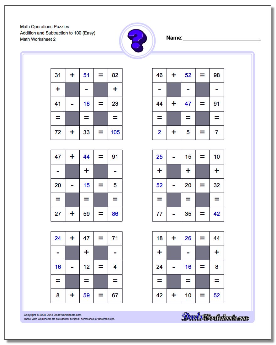 Math Operations Puzzle Addition and Subtraction to 100 (Easy) www.dadsworksheets.com/worksheets/number-grid-puzzles.html