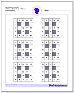 Math Operations Puzzle Addition and Subtraction to 100 (Easy)