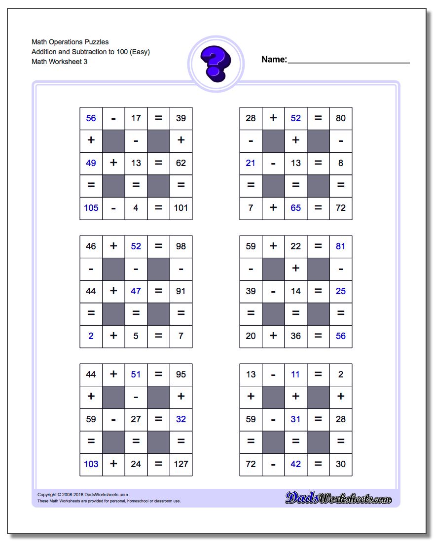 Math Operations Puzzle Addition and Subtraction to 100 (Easy)