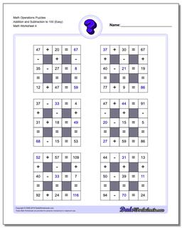 Math Operations Puzzle Addition and Subtraction to 100 (Easy)