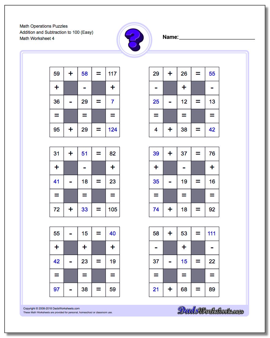 Math Operations Puzzle Addition and Subtraction to 100 (Easy)