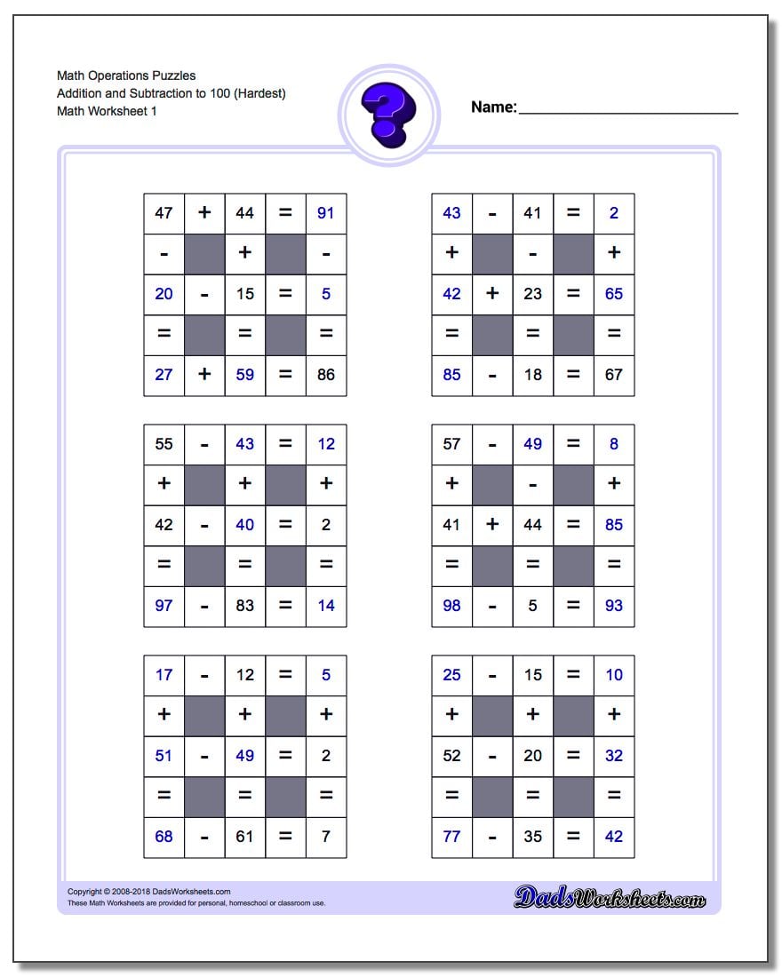 Number Grid Puzzle Math Operations Addition and Subtraction to 100 (Hardest)