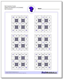 Math Operations Puzzle Addition and Subtraction to 100 (Hardest) /worksheets/number-grid-puzzles.html