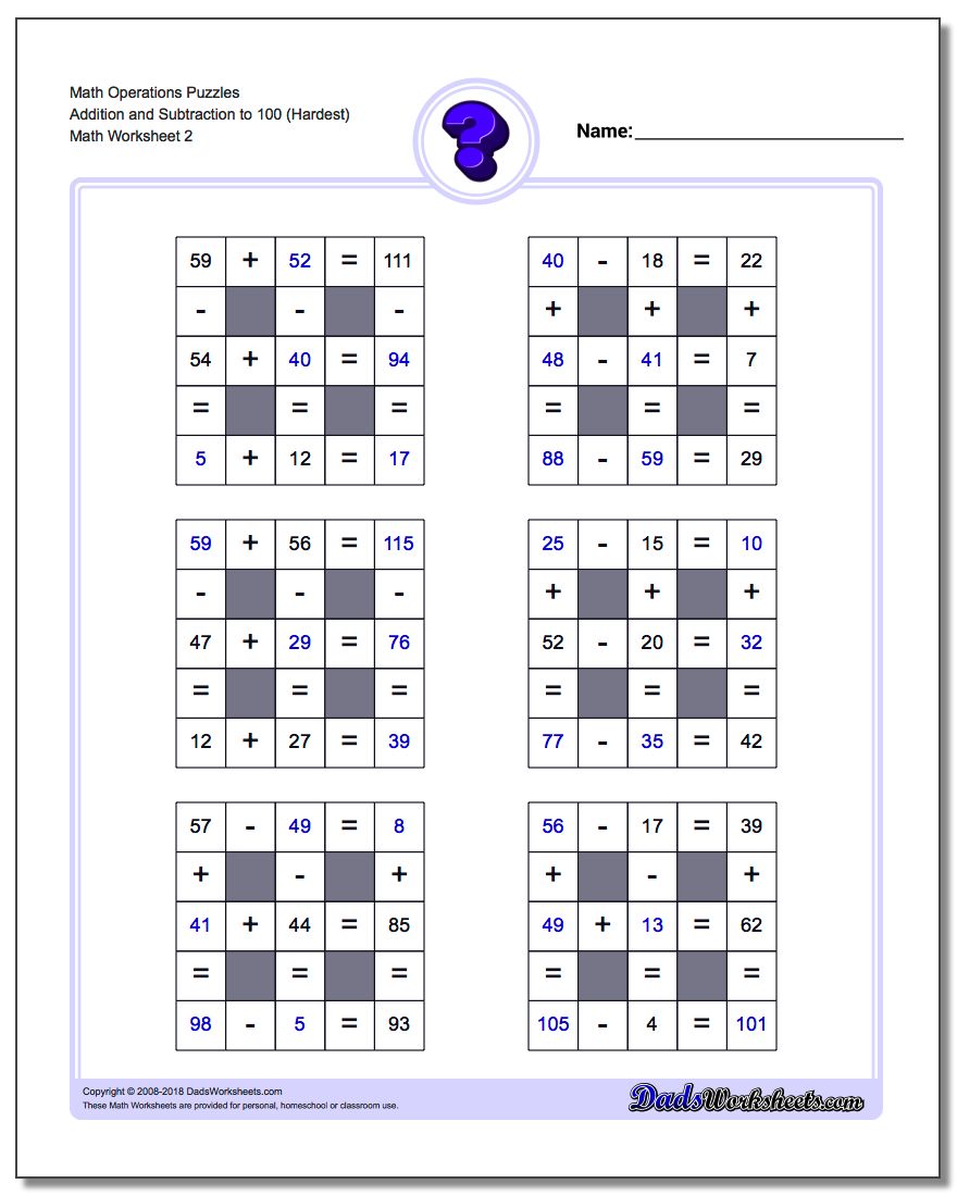 Math Operations Puzzle Addition and Subtraction to 100 (Hardest) www.dadsworksheets.com/worksheets/number-grid-puzzles.html