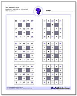 Math Operations Puzzle Addition and Subtraction to 100 (Hardest)