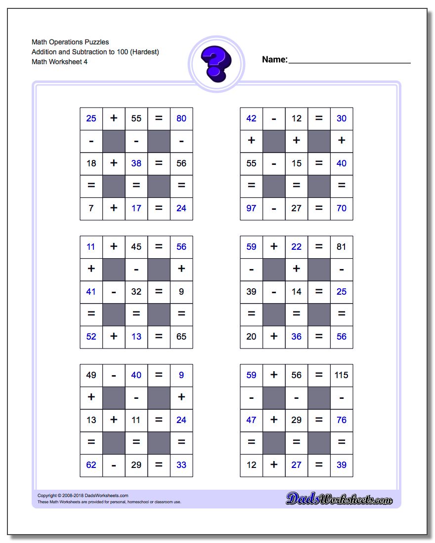 Math Operations Puzzle Addition and Subtraction to 100 (Hardest)