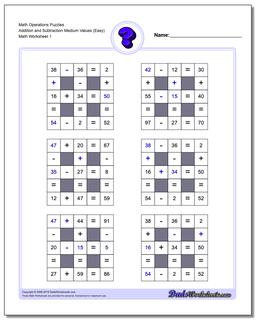 Number Grid Puzzle Math Operations Addition and Subtraction Medium Values (Easy)