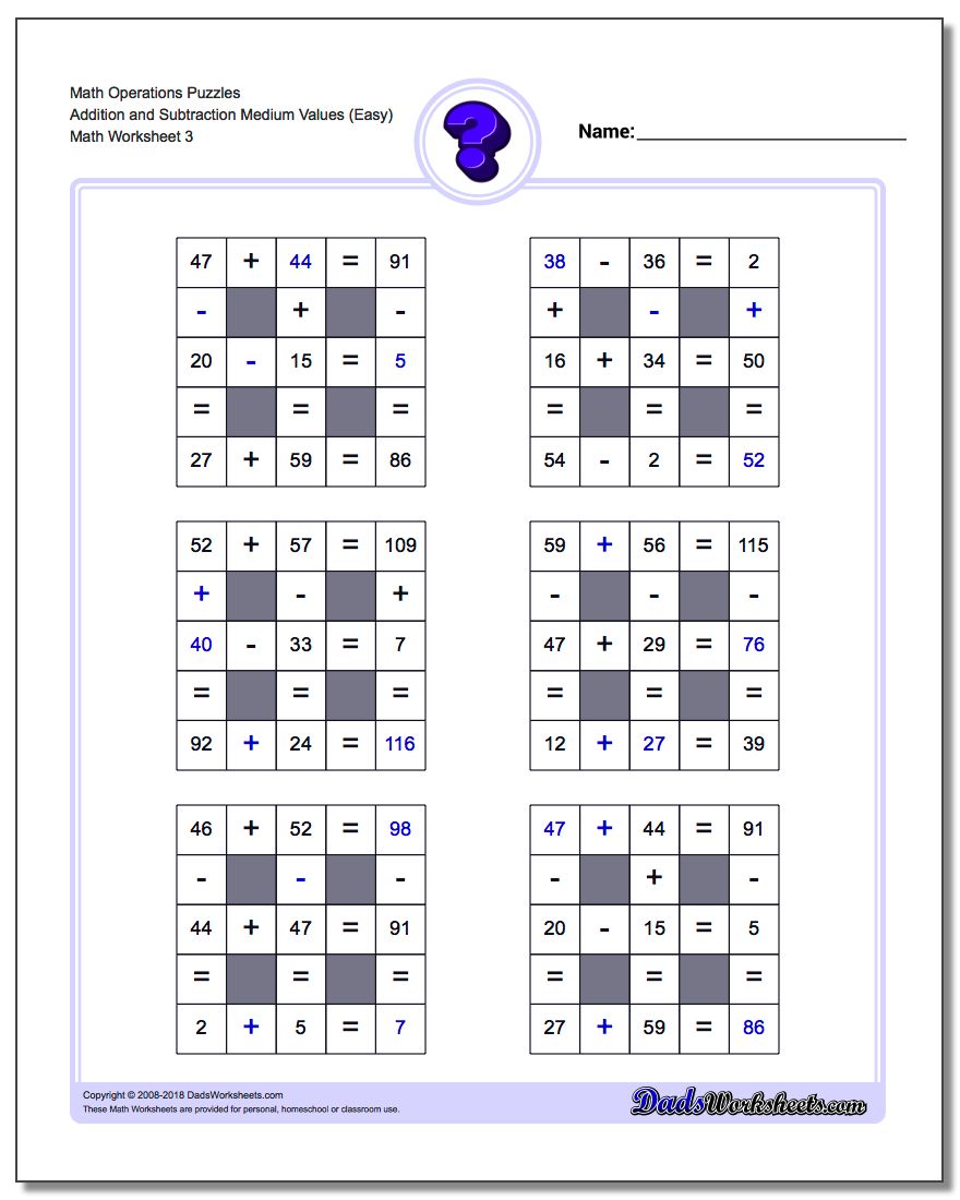 Math Operations Puzzle Addition and Subtraction Medium Values (Easy)