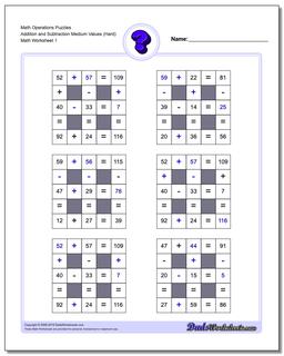 Number Grid Puzzle Math Operations Addition and Subtraction Medium Values (Hard)