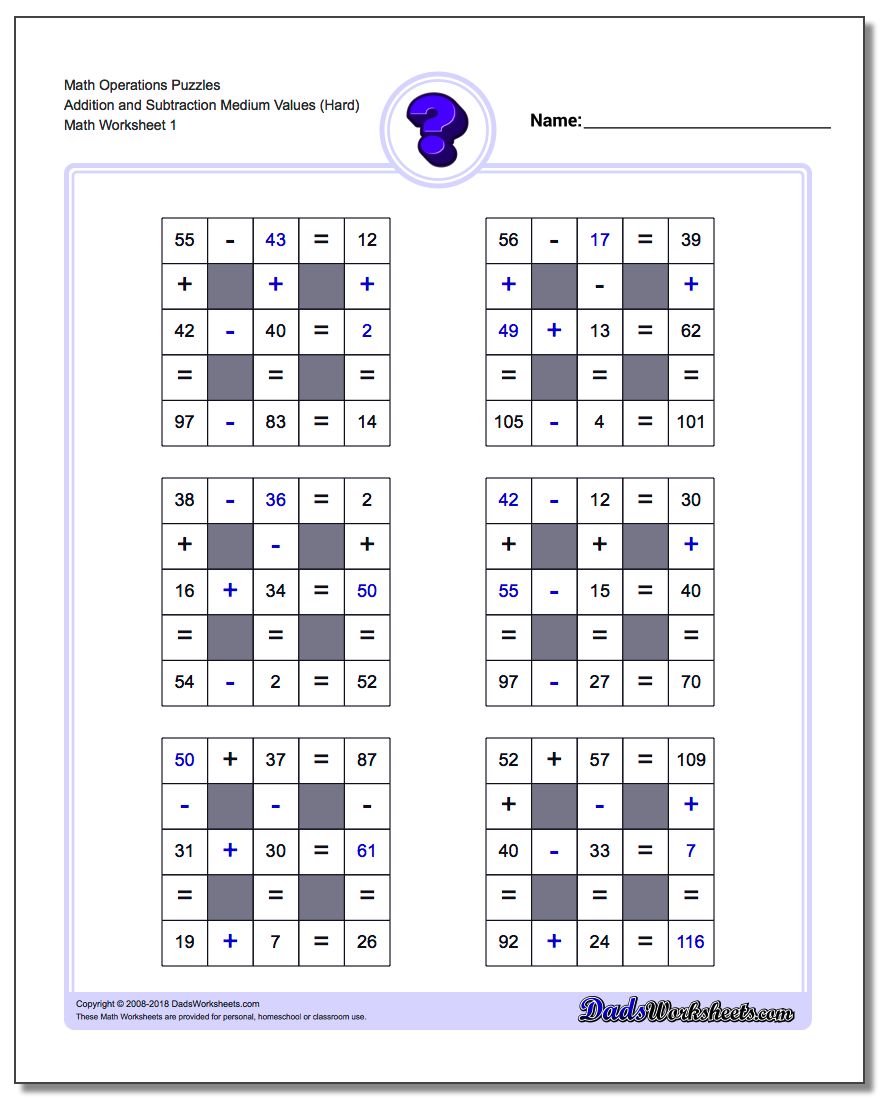 Number Grid Puzzle Math Operations Addition and Subtraction Medium Values (Hard)