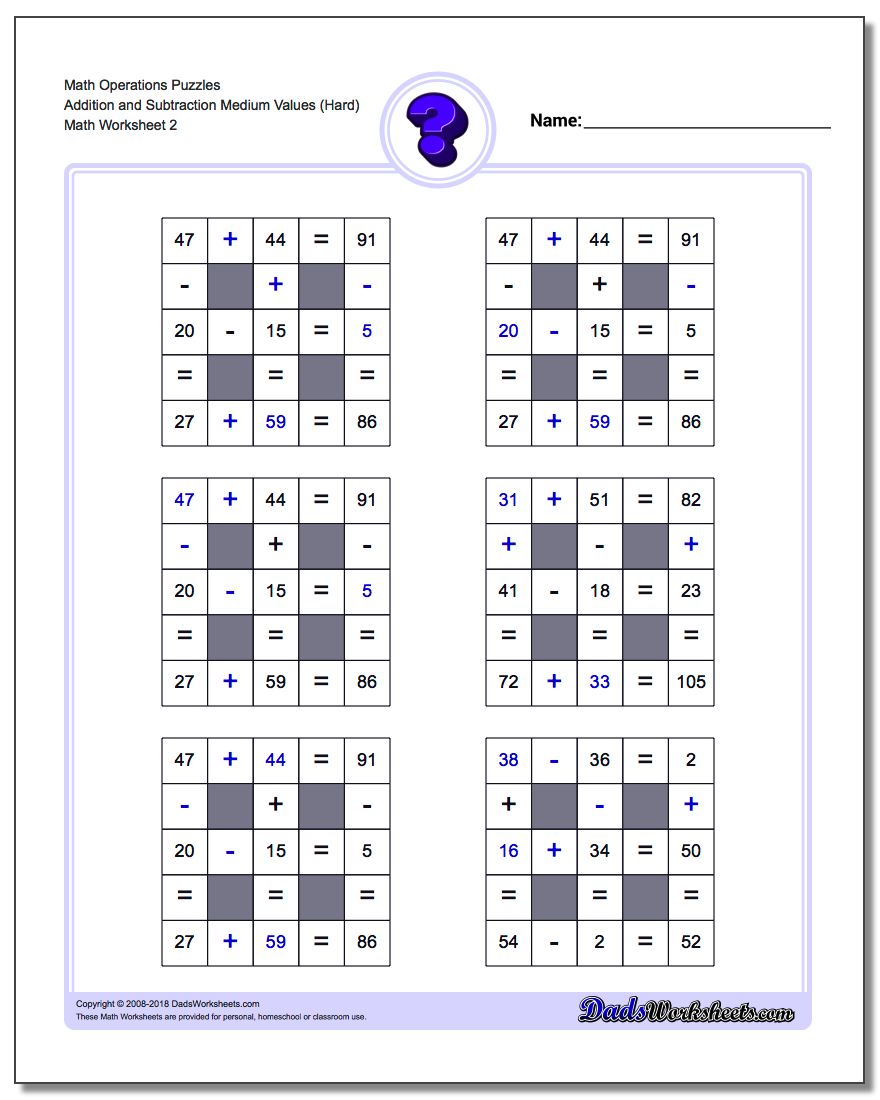 Math Operations Puzzle Addition and Subtraction Medium Values (Hard) www.dadsworksheets.com/worksheets/number-grid-puzzles.html
