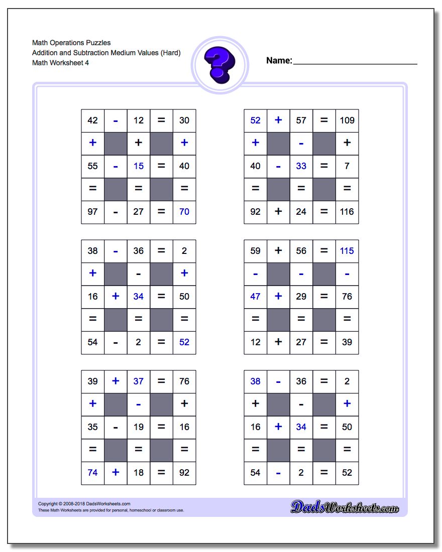 Math Operations Puzzle Addition and Subtraction Medium Values (Hard)