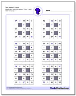 Math Operations Puzzle Addition and Subtraction Medium Values (Harder) /worksheets/number-grid-puzzles.html