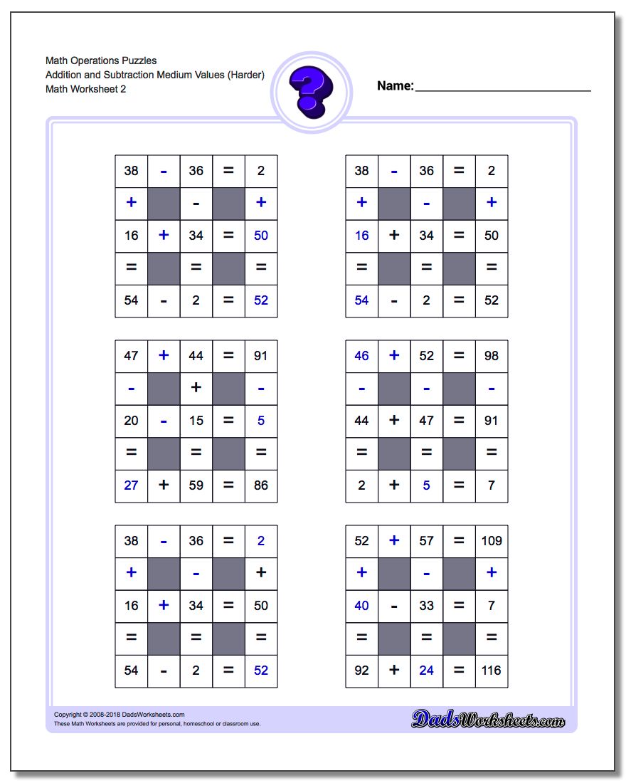 Math Operations Puzzle Addition and Subtraction Medium Values (Harder) www.dadsworksheets.com/worksheets/number-grid-puzzles.html