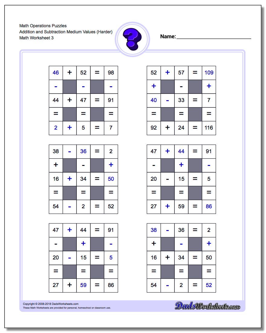 Math Operations Puzzle Addition and Subtraction Medium Values (Harder)