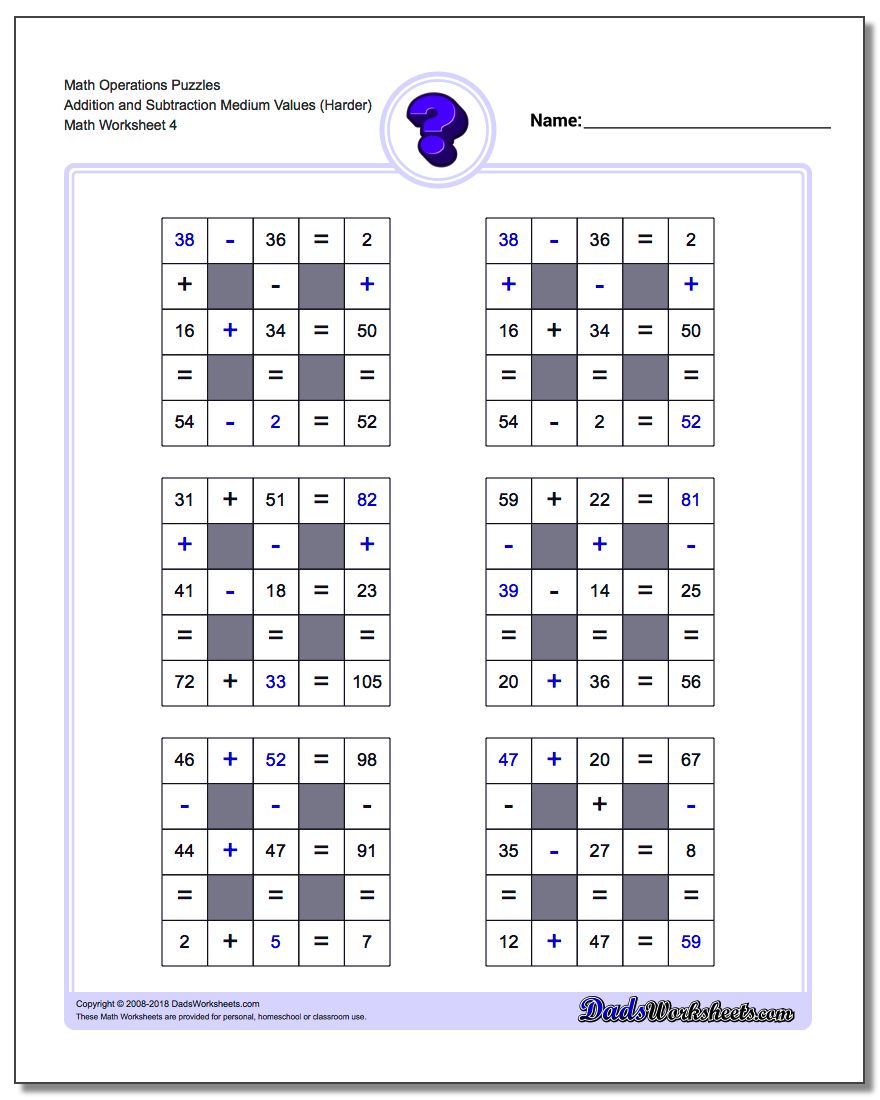 Math Operations Puzzle Addition and Subtraction Medium Values (Harder)