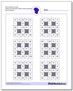 Number Grid Puzzle Math Operations Addition and Subtraction Medium Values (Moderate)