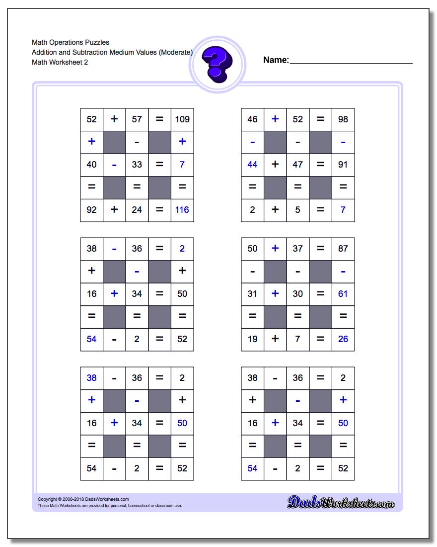 Math Operations Puzzle Addition and Subtraction Medium Values (Moderate) www.dadsworksheets.com/worksheets/number-grid-puzzles.html