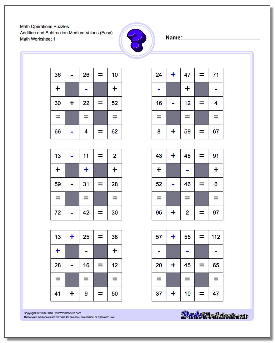 Addition and Subtraction with Missing Operations (Medium) Number Grid Puzzle