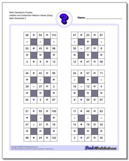 Math Operations Puzzle Addition and Subtraction Medium Values (Easy) /worksheets/number-grid-puzzles.html