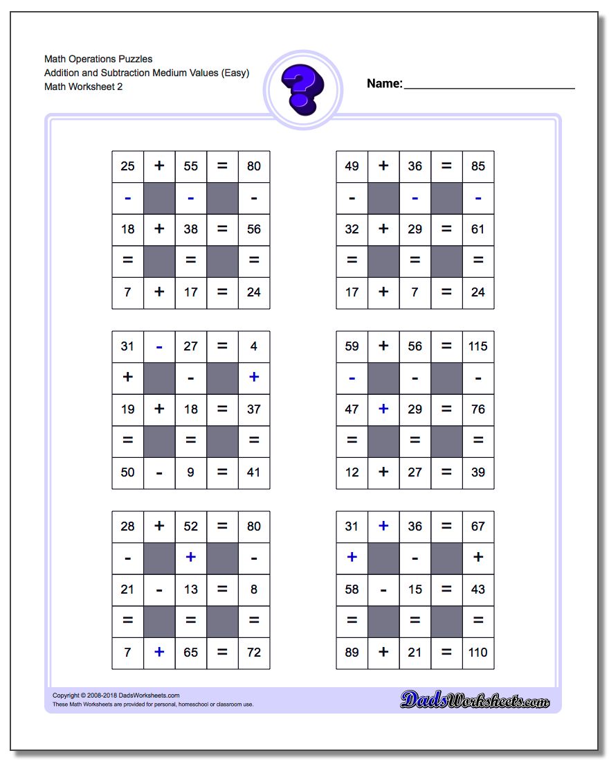 Math Operations Puzzle Addition and Subtraction Medium Values (Easy) www.dadsworksheets.com/worksheets/number-grid-puzzles.html