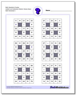 Math Operations Puzzle Addition and Subtraction Medium Values (Easy)