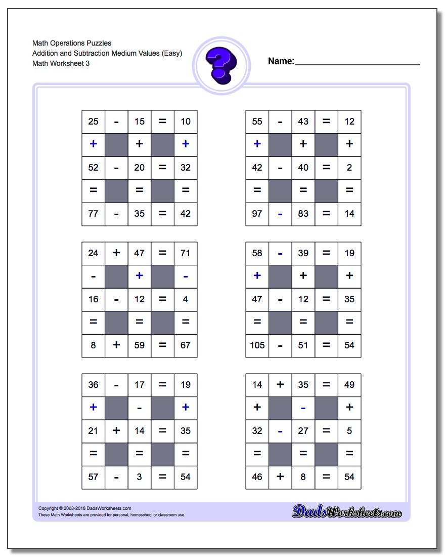 Math Operations Puzzle Addition and Subtraction Medium Values (Easy)