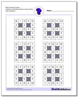 Number Grid Puzzle Math Operations Addition and Subtraction Medium Values (Harder)