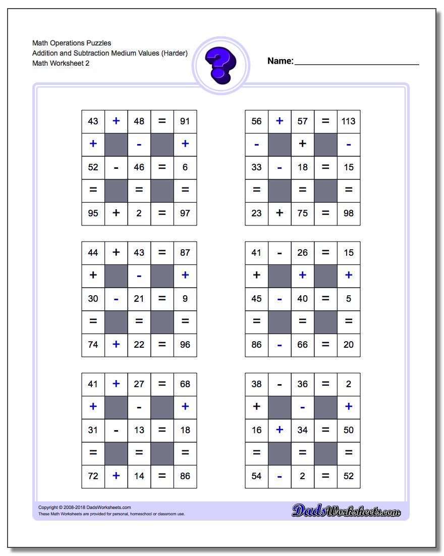 Math Operations Puzzle Addition and Subtraction Medium Values (Harder) www.dadsworksheets.com/worksheets/number-grid-puzzles.html