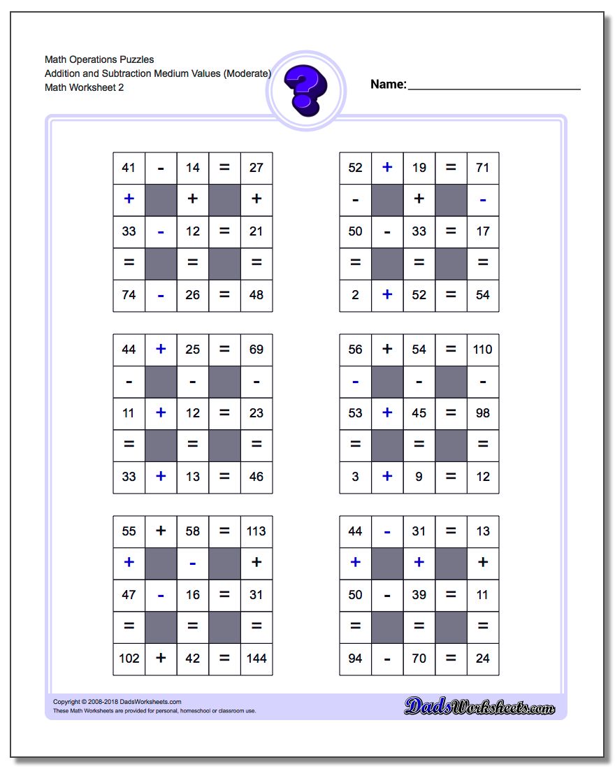Math Operations Puzzle Addition and Subtraction Medium Values (Moderate) www.dadsworksheets.com/worksheets/number-grid-puzzles.html