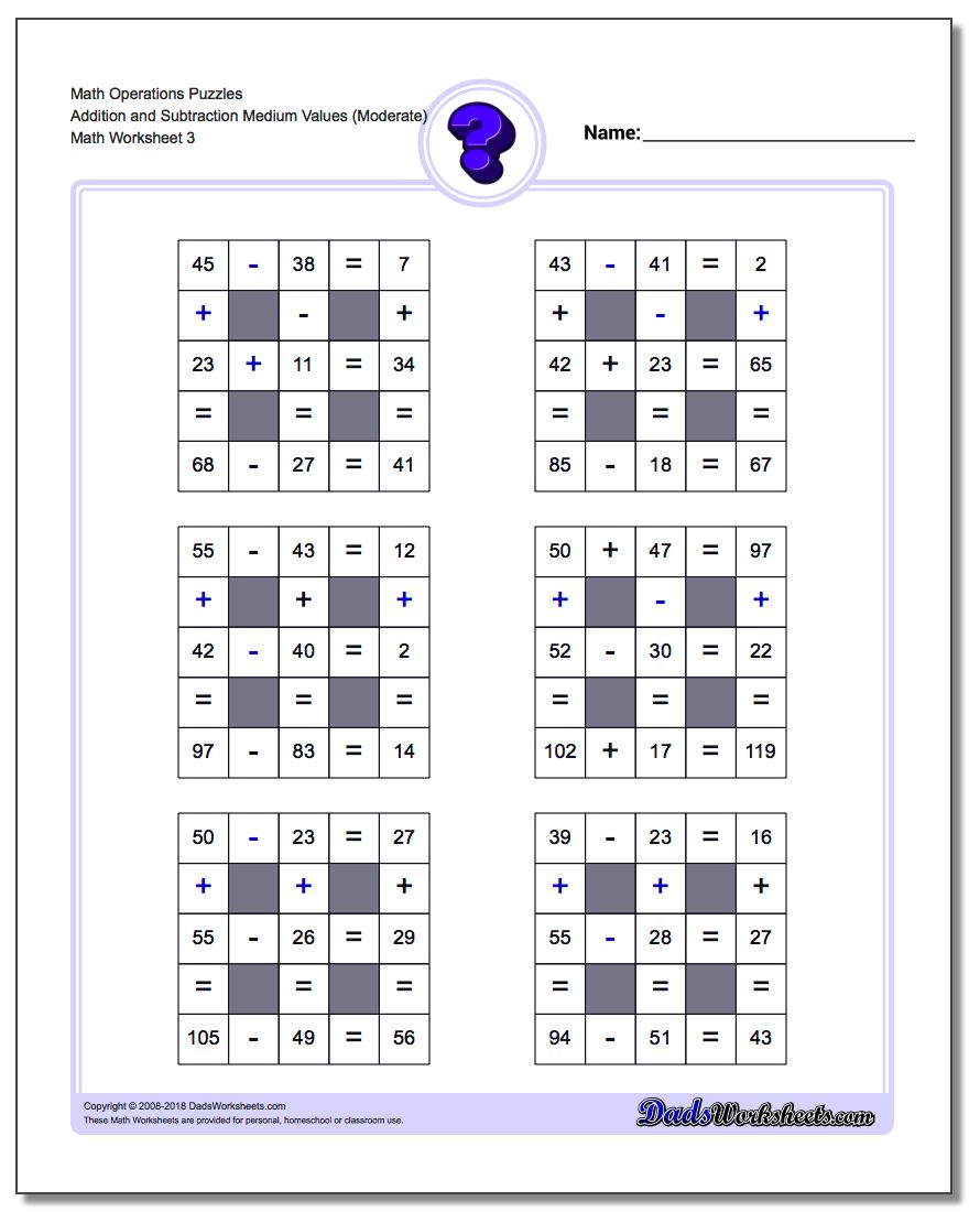 Math Operations Puzzle Addition and Subtraction Medium Values (Moderate)