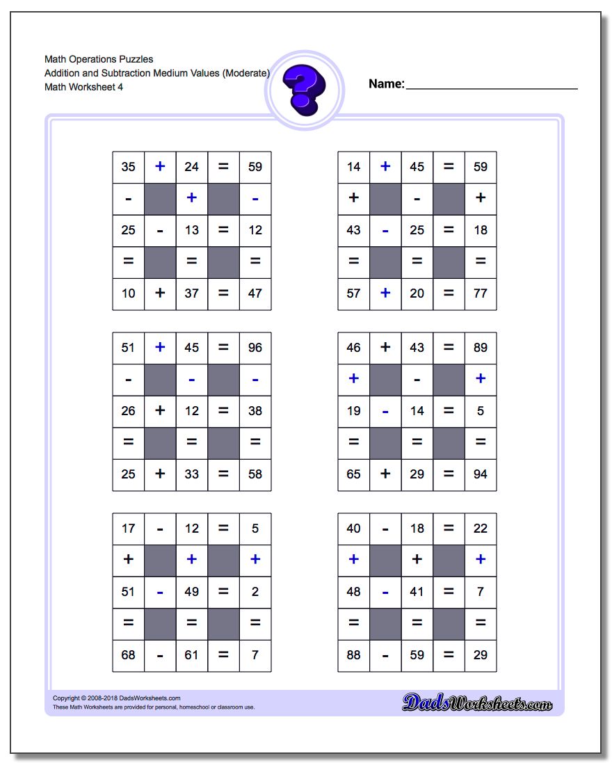 Math Operations Puzzle Addition and Subtraction Medium Values (Moderate)