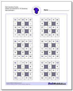 Number Grid Puzzle Math Operations Addition and Subtraction to 100 (Moderate)