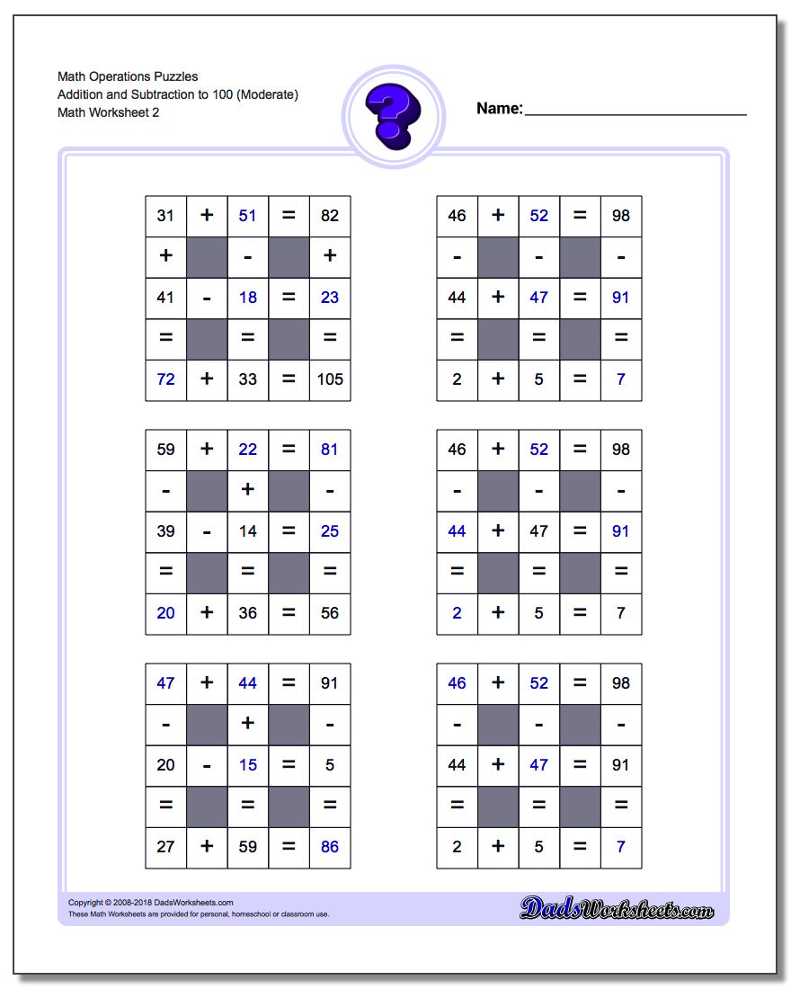 Math Operations Puzzle Addition and Subtraction to 100 (Moderate) www.dadsworksheets.com/worksheets/number-grid-puzzles.html