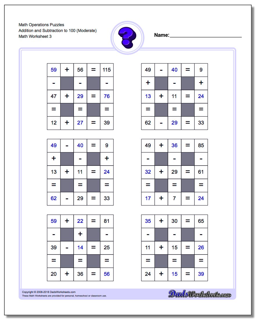 Math Operations Puzzle Addition and Subtraction to 100 (Moderate)