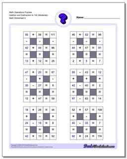 Math Operations Puzzle Addition and Subtraction to 100 (Moderate)