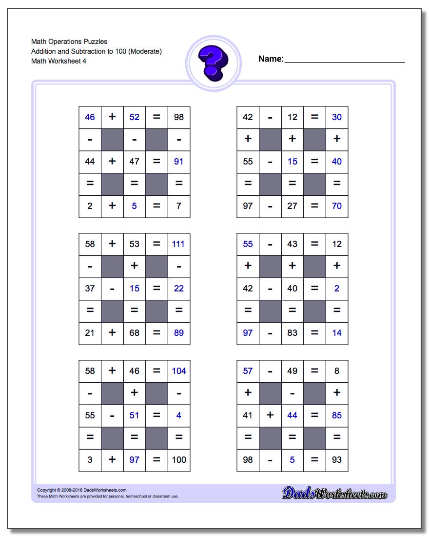 Math Operations Puzzle Addition and Subtraction to 100 (Moderate)