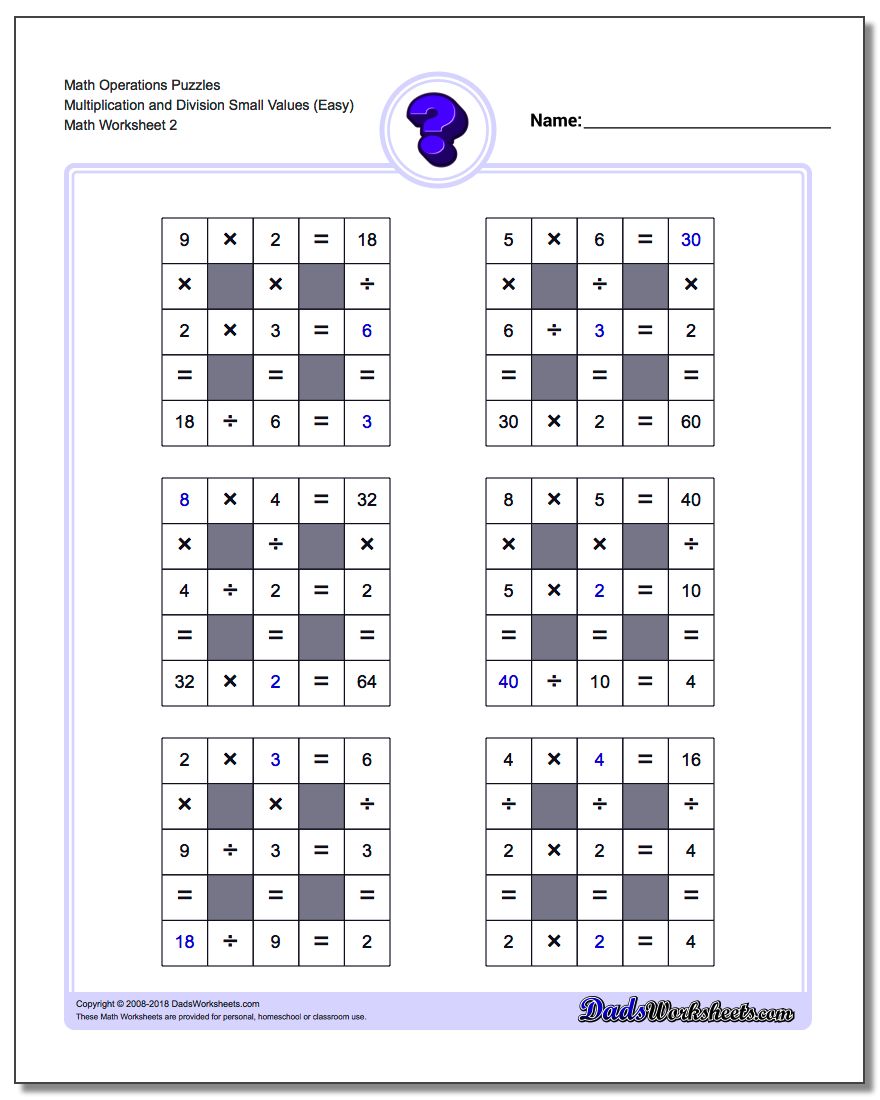 Math Operations Puzzle Multiplication and Division Small Values (Easy) www.dadsworksheets.com/worksheets/number-grid-puzzles.html