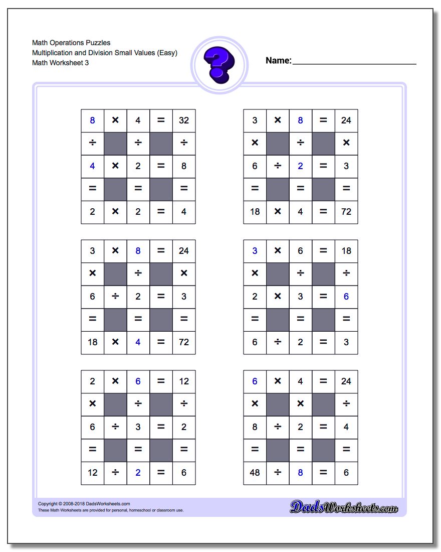 Math Operations Puzzle Multiplication and Division Small Values (Easy)
