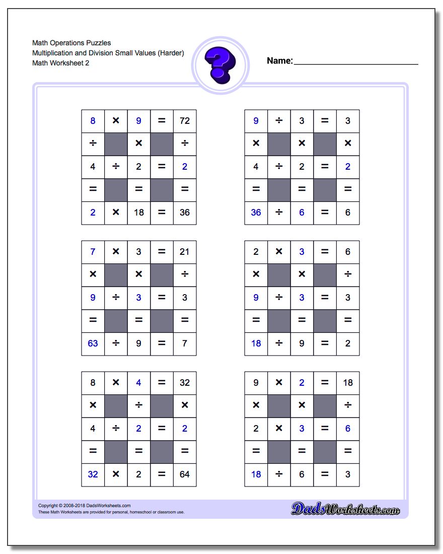 Math Operations Puzzle Multiplication and Division Small Values (Harder) www.dadsworksheets.com/worksheets/number-grid-puzzles.html