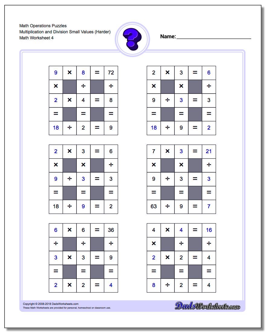 Math Operations Puzzle Multiplication and Division Small Values (Harder)