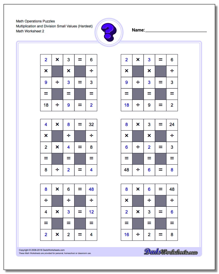 Math Operations Puzzle Multiplication and Division Small Values (Hardest) www.dadsworksheets.com/worksheets/number-grid-puzzles.html