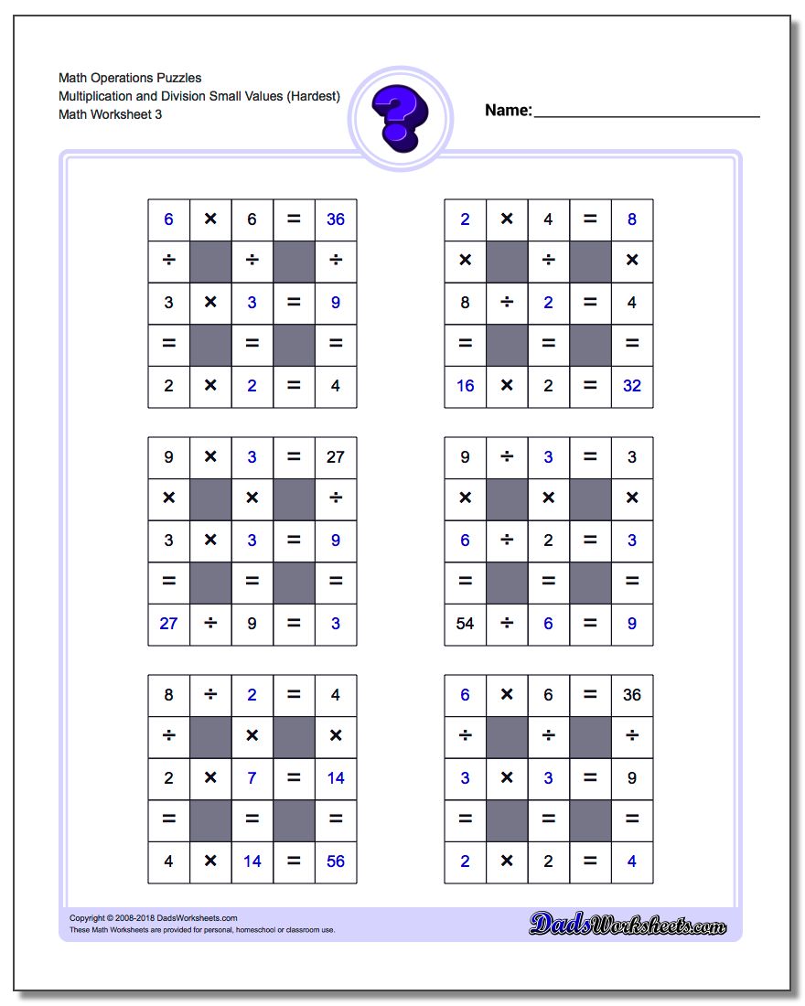 Math Operations Puzzle Multiplication and Division Small Values (Hardest)