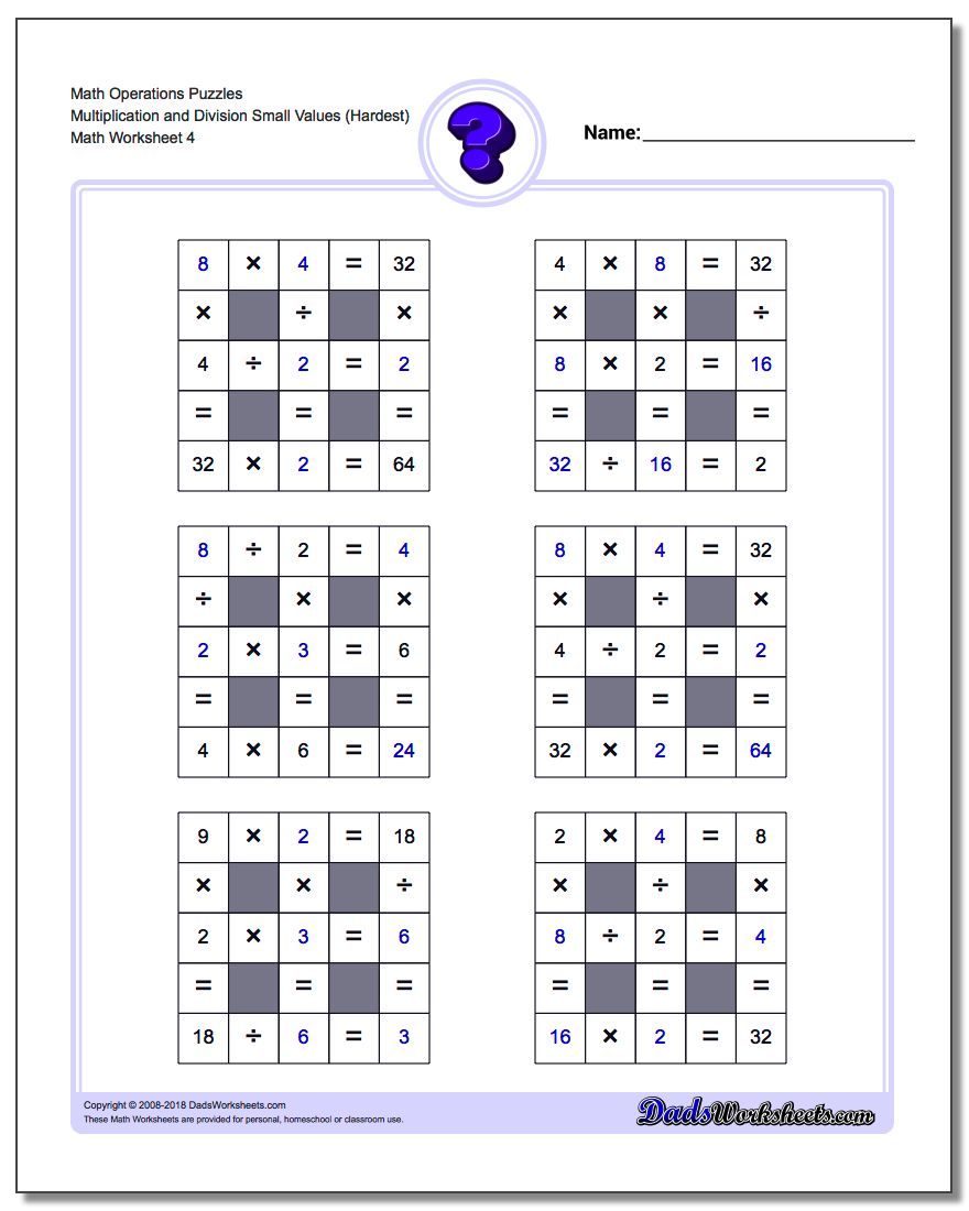 Math Operations Puzzle Multiplication and Division Small Values (Hardest)
