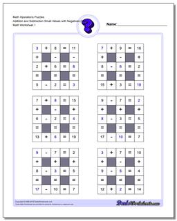 Number Grid Puzzle Math Operations Addition and Subtraction Small Values with Negatives (Easy)