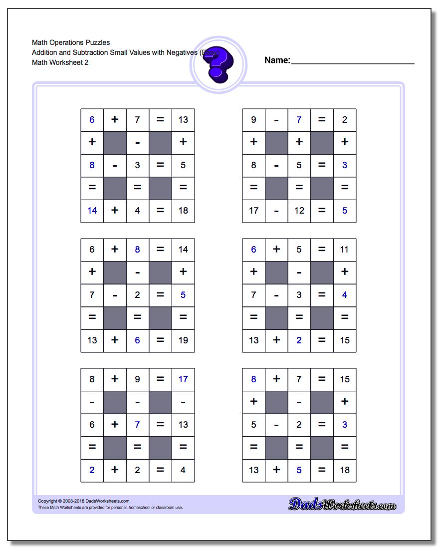 Math Operations Puzzle Addition and Subtraction Small Values with Negatives (Easy) www.dadsworksheets.com/worksheets/number-grid-puzzles.html