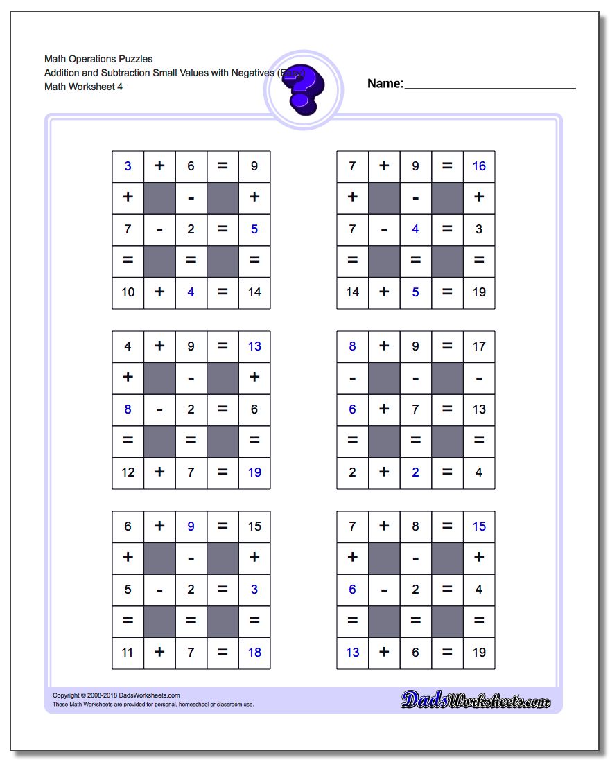 Math Operations Puzzle Addition and Subtraction Small Values with Negatives (Easy)